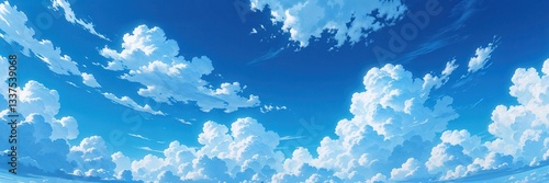 Vibrant blue sky panorama with fluffy cumulus clouds, airy atmosphere and scenic summer weather