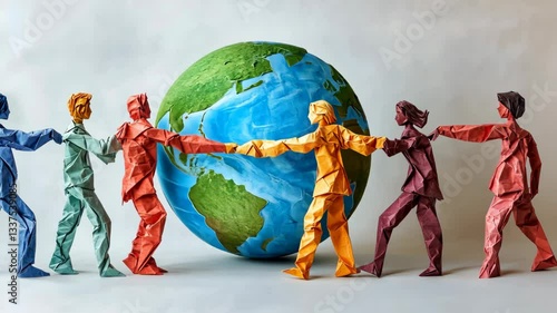 Diverse paper people holding hands in unity around a textured earth globe, symbolizing racial discrimination