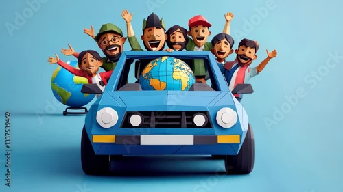 Diverse group of friends in blue car celebrating unity with globe on roof, promoting equality and diversity against discrimination