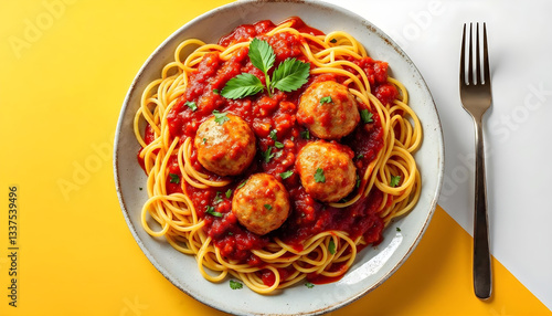 a plate of spaghetti and meatballs with tomato sauce, copy space
