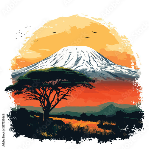 Majestic Kilimanjaro on African Savannah Vector Illustration