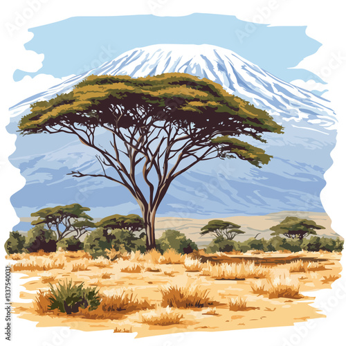 Majestic Kilimanjaro on African Savannah Vector Illustration
