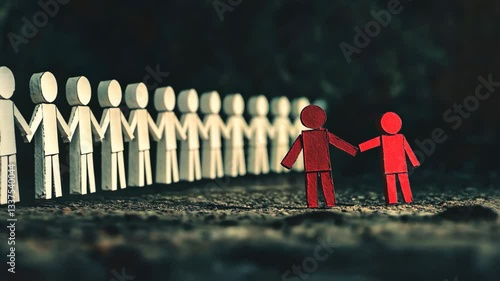 Two red figures standing together in front of a line of white figures, symbolizing social exclusion and discrimination