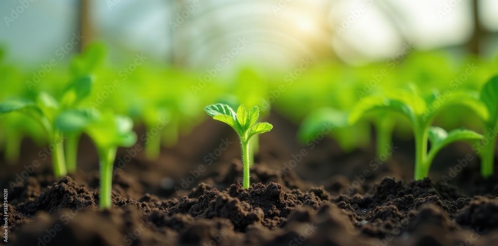 Vibrant green tomato seedlings emerge from rich soil in a greenhouse , nature, crop, plants Vibrant green tomato seedlings emerge from rich soil in a greenhouse , nature, crop, plants