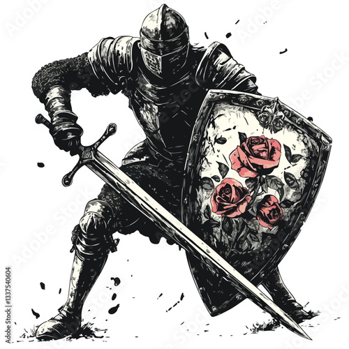 Valiant Knight Charging into Battle with Rose Emblazoned Shield