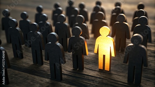 Wallpaper Mural One Shining Individual Stands Out, Radiating Warmth And Hope Amidst A Crowd Of Dark Figures On A Rustic Wooden Surface, Bathed In Soft, Golden Light Torontodigital.ca