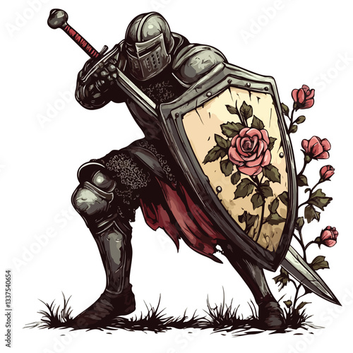 Valiant Knight Charging into Battle with Rose Emblazoned Shield