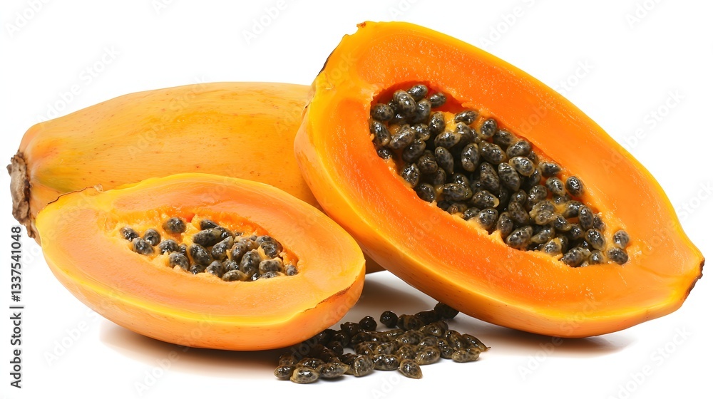 Freshly Sliced Papaya with Exposed Seeds and Whole Fruit on White Background Freshly Sliced Papaya with Exposed Seeds and Whole Fruit on White Background