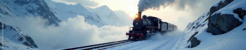 Obraz premium Ancient steam engine chugs through snowy mountain pass, sunlight piercing fog , image, light