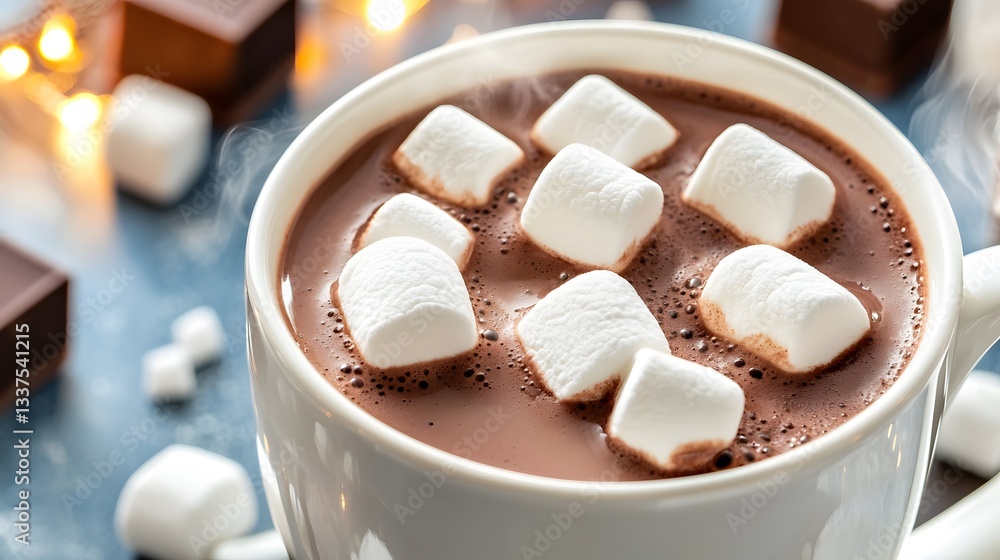 Delicious Hot Chocolate Topped With Soft Marshmallows in A White Mug on A Cozy Table Setting Delicious Hot Chocolate Topped With Soft Marshmallows in A White Mug on A Cozy Table Setting