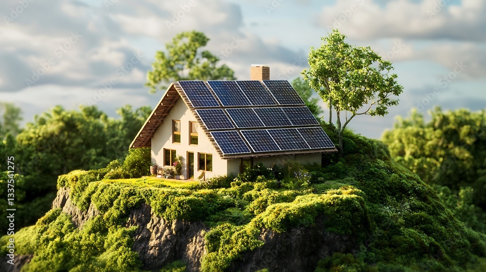 Eco-friendly home nestled on a hillside with solar panels Eco-friendly home nestled on a hillside with solar panels