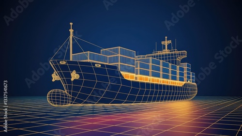 Abstract low poly 3d cargo ship isolated in dark blue background. Container ships, transportation, logistics or international shipping concept. Digital vector mesh illustration looks like starry sky 