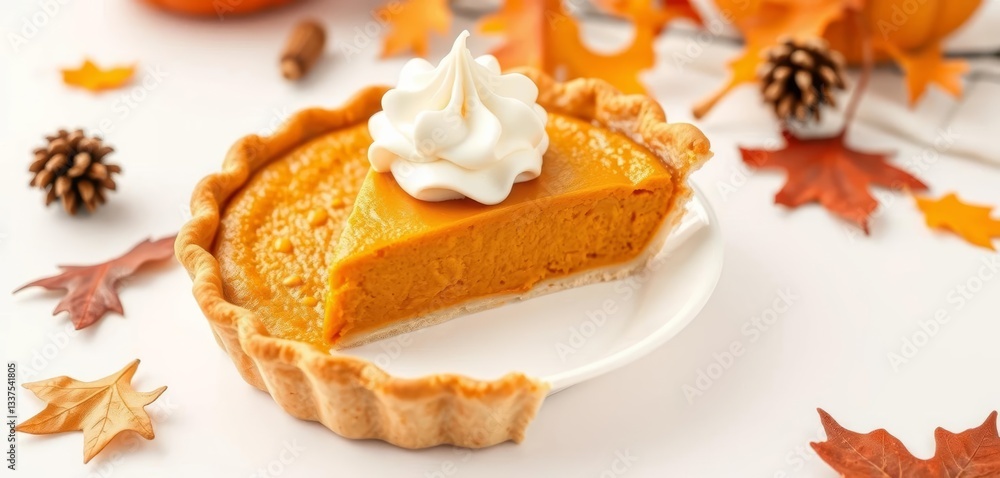 Golden-brown pumpkin pie, whipped cream swirl, flaky crust, isolated on white Autumn, Thanksgiving, dessert, whipped cream, delicious Golden-brown pumpkin pie, whipped cream swirl, flaky crust, isolated on white Autumn, Thanksgiving, dessert, whipped cream, delicious