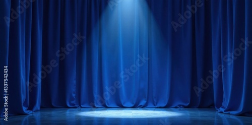 Deep blue velvet curtain, single spotlight illuminates center , scene, background, velvet texture