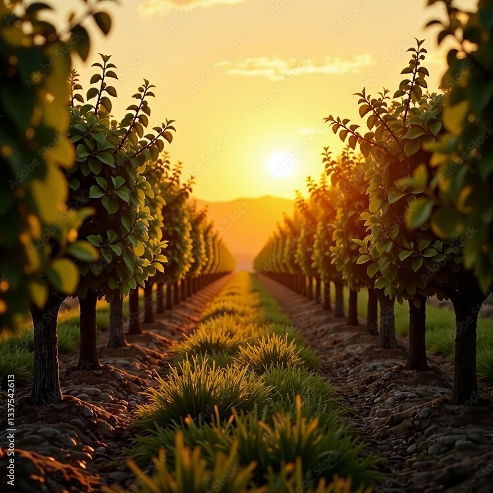 Naklejka premium Golden sun setting behind rows of pistachio trees in orchard, sunset, nature