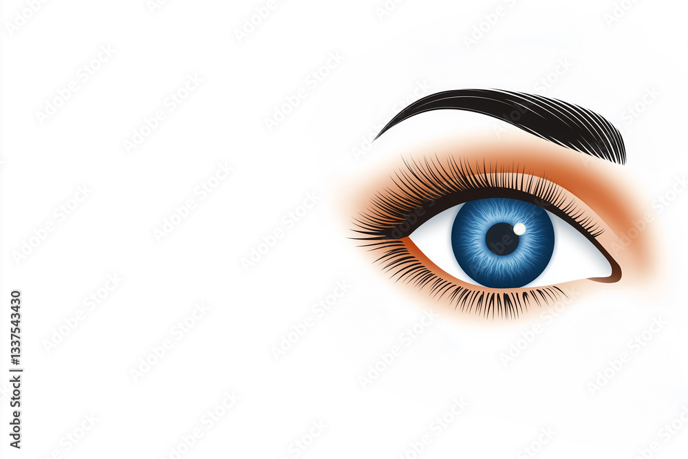 Blue eye of person showing detailed lashes and eyebrow against white background with copy space Blue eye of person showing detailed lashes and eyebrow against white background with copy space