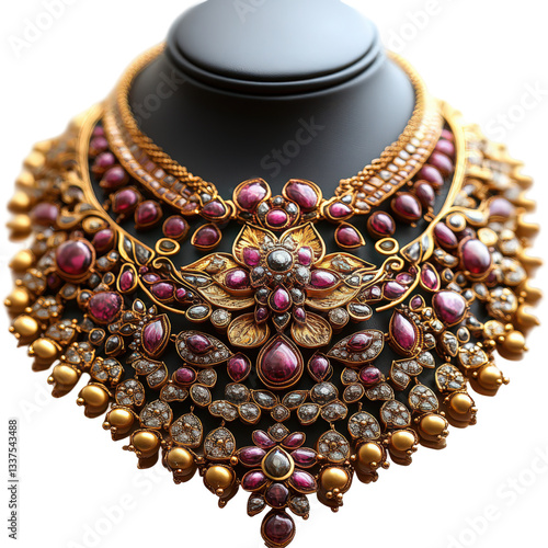 Exquisite gold and ruby gemstone necklace on a display bust jewellery piece