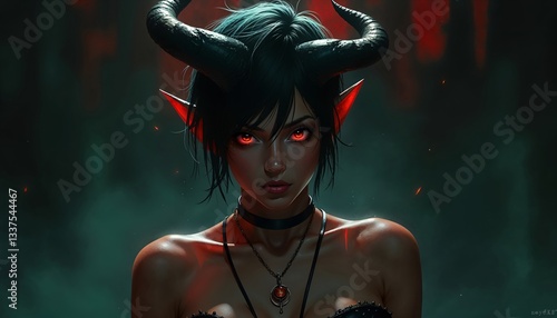 Female demon with horns and glowing red eyes in dark fantasy setting. Mysterious creature portrait for game character design, book cover, or Halloween concept art