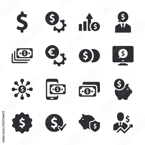 A set of money symbols including a dollar sign, a euro sign, and a penny