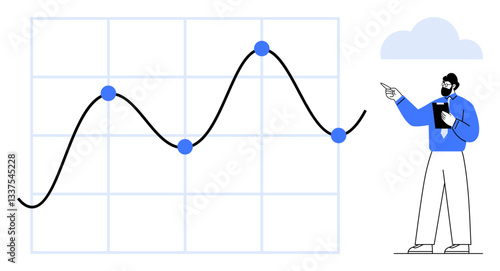 Analyst pointing at a fluctuating line chart with highlighted data points, clipboard in hand. Ideal for analytics, forecasting, strategy, research, presentations, metrics teamwork. Flat simple