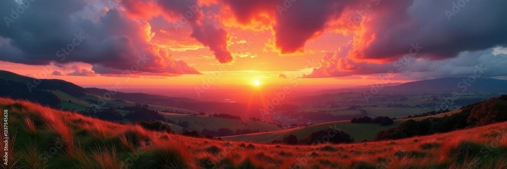 Fiery hues paint Yorkshire Dales sunset, clouds ablaze , valleys, orange Fiery hues paint Yorkshire Dales sunset, clouds ablaze , valleys, orange