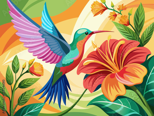 vector of  Hummingbird flying next to beautiful flower