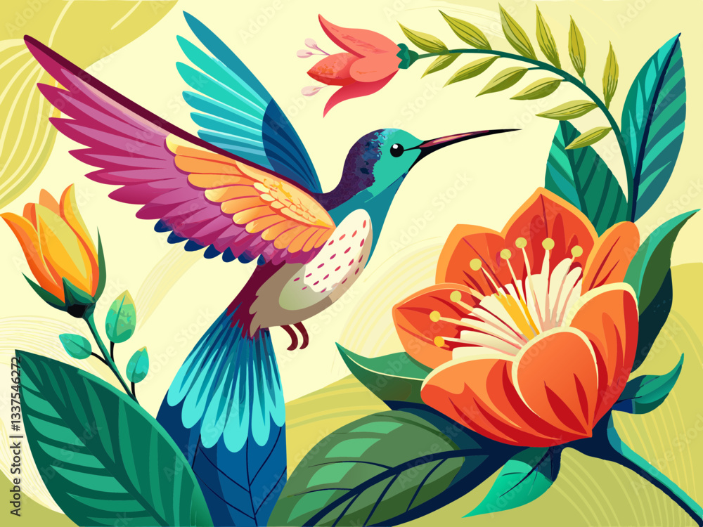 Obraz premium vector of Hummingbird flying next to beautiful flower