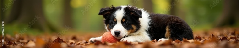 Fluffy Border Collie puppy rests, ball nestled close, forest background, headshot, dog photography, adorable puppy Fluffy Border Collie puppy rests, ball nestled close, forest background, headshot, dog photography, adorable puppy