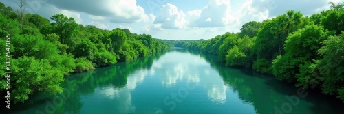 Emerald delta, vibrant waterways, lush vegetation, perspective, meandering