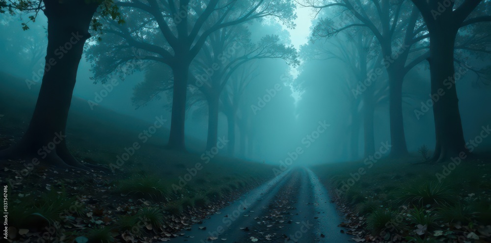Naklejka premium Mysterious path winds through dense fog, unseen destination , spooky, woods, texture