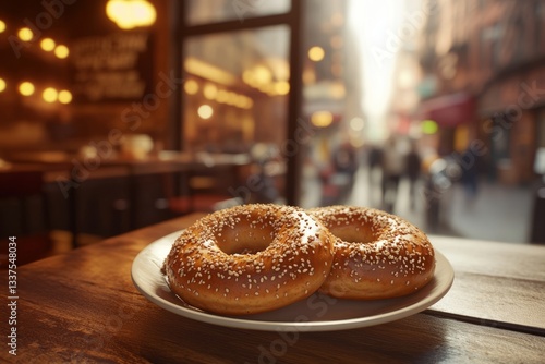 Fresh New York-style bagels with sesame seeds and cream cheese, captured with blurred busy New York café background – perfect for city breakfast photography