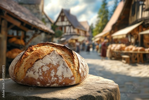 Rustic loaf of bread with a golden crust resting on a stone table, with blurred European village market background – ideal for historical and rustic food photography