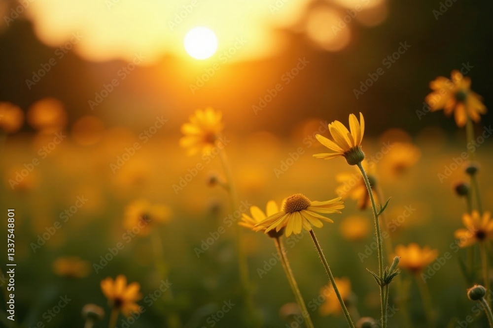 Fototapeta premium Golden sunset illuminates gently swaying wildflowers, soft focus , outdoor, backdrop, meadow