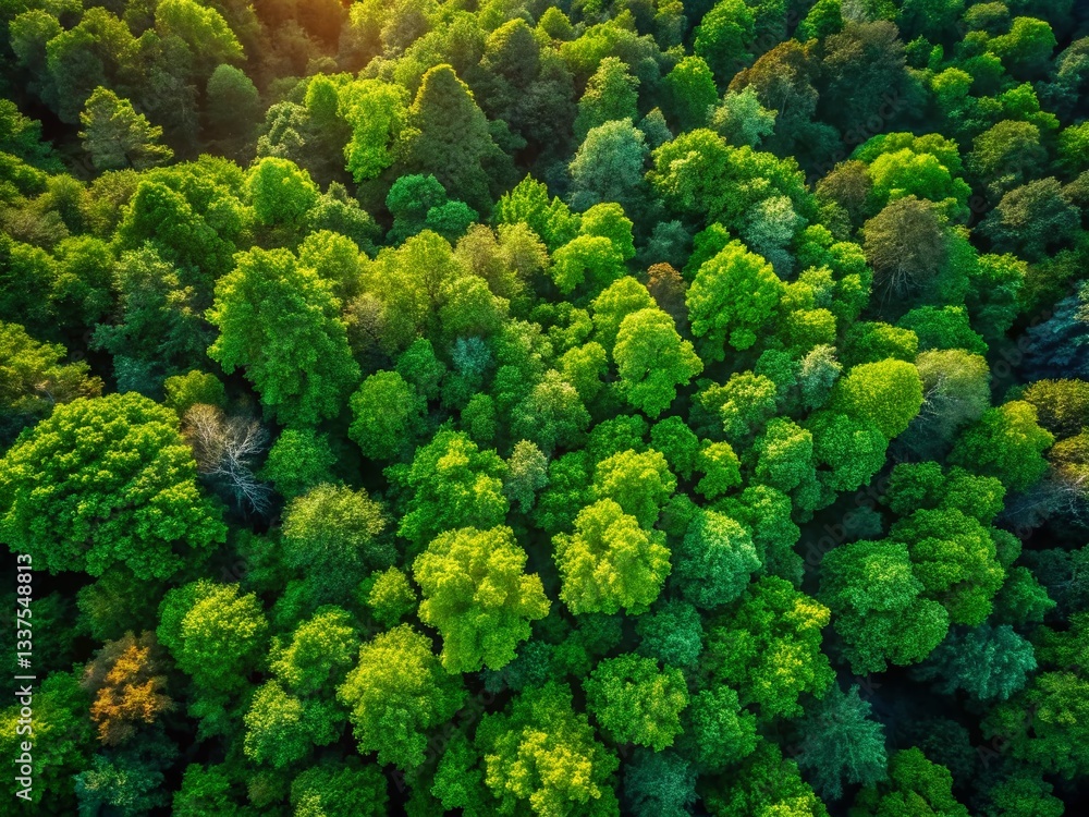 Naklejka premium Aerial View Lush Green Forest Sunlight Canopy Drone Photography