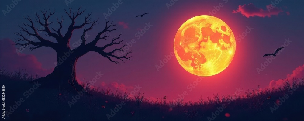 Fototapeta premium Silhouetted dead tree against full moon, spooky Halloween night , halloween, night, silhouette