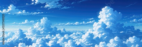 Expansive blue sky filled with puffy white clouds, atmospheric aerial perspective