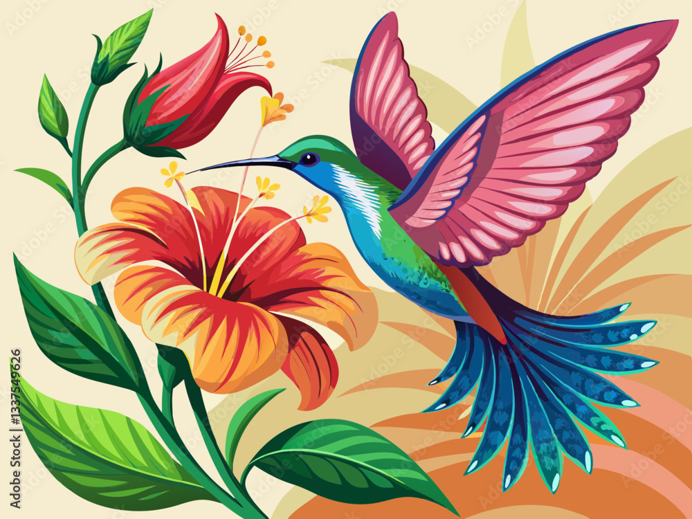 Obraz premium vector of Hummingbird flying next to beautiful flower