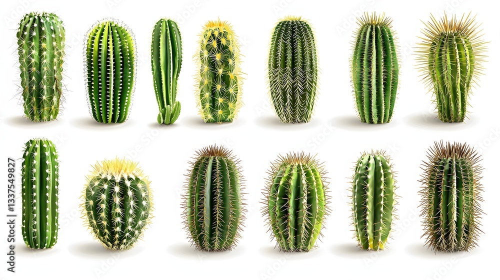 Collection of Diverse Green Cacti Displaying Unique Shapes and Textures on a White Background Collection of Diverse Green Cacti Displaying Unique Shapes and Textures on a White Background