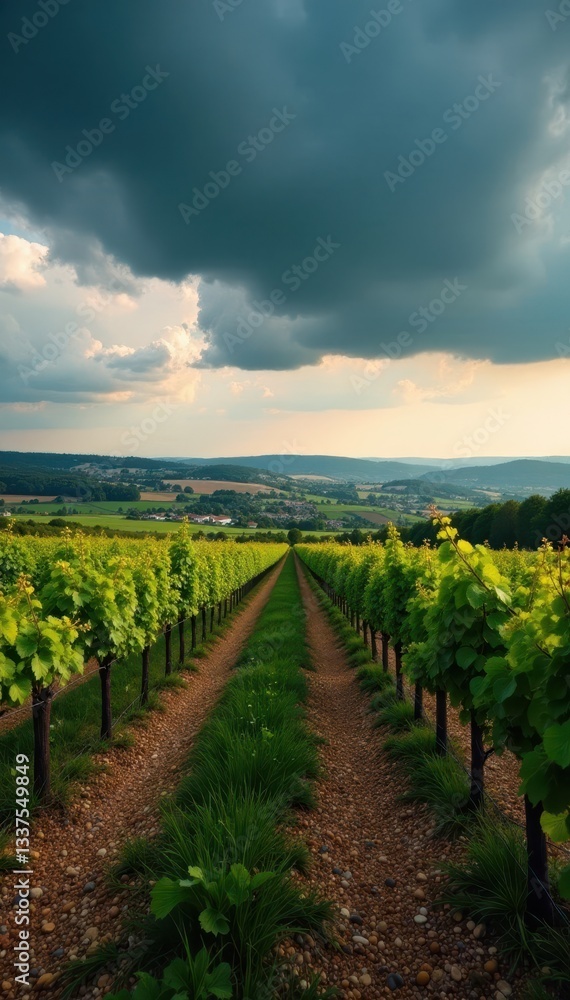 Fototapeta premium Stormy spring sky over Ribera del Duero vineyard, Valladolid, Spain , moody, brown
