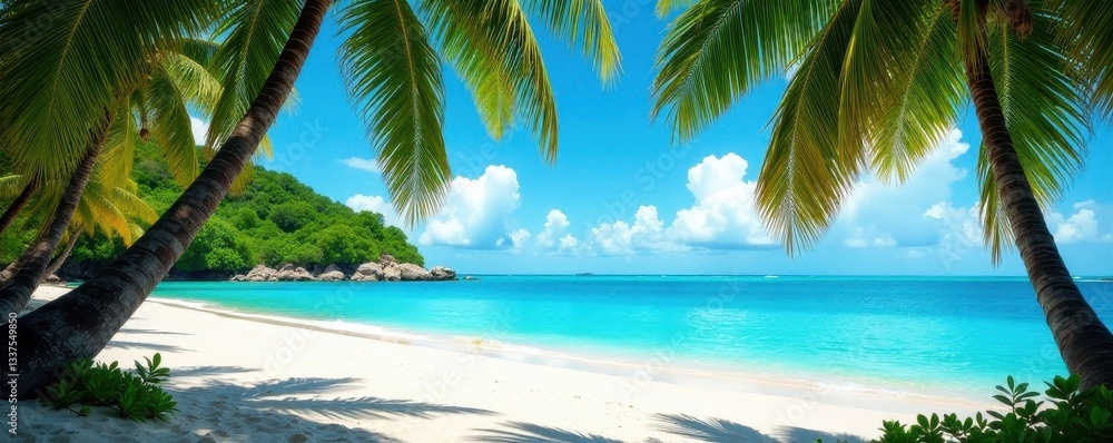 Naklejka premium Lush palms framing pristine beach, vibrant blue water, sand, summer landscape, paradise