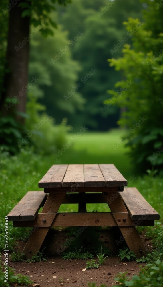 Fototapeta premium Rustic wooden picnic table, weathered benches , countryside, rough
