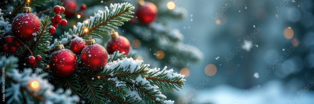 Snow dusted pine branches, red & gold ornaments, berries , nature, christmas backdrop, garland Snow dusted pine branches, red & gold ornaments, berries , nature, christmas backdrop, garland