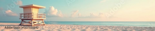 Pastel sky, empty sandy beach, vintage lifeguard tower , vacation, landscape