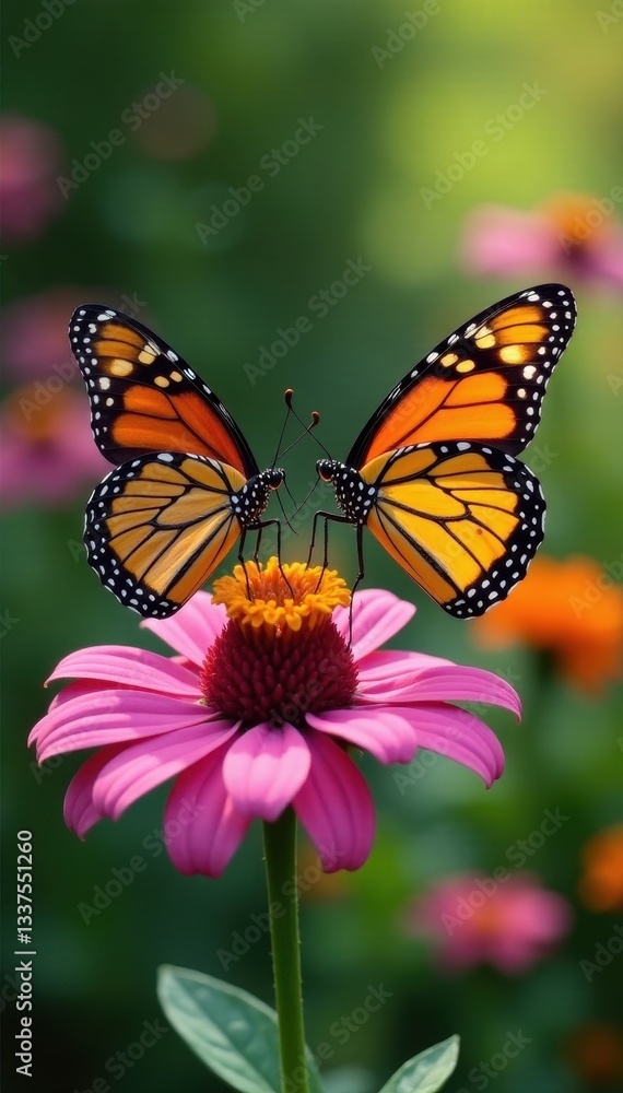 Naklejka premium Two monarch butterflies on vibrant flower, garden setting, animal photography, invertebrate, colorful