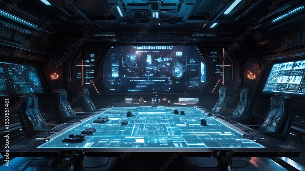 A futuristic command center is illuminated with blue lights, showcasing advanced digital displays and a large table surrounded by sleek chairs. The dark ambiance enhances the tech vibe A futuristic command center is illuminated with blue lights, showcasing advanced digital displays and a large table surrounded by sleek chairs. The dark ambiance enhances the tech vibe
