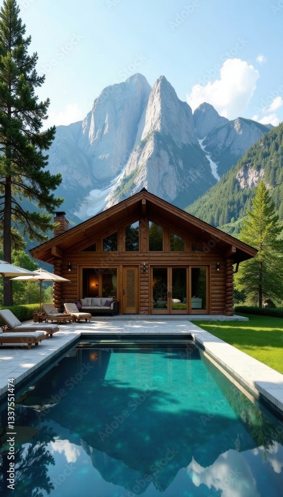 Fototapeta premium Rustic chic cabin, pool, stunning mountain backdrop, trees, relaxation, wellness