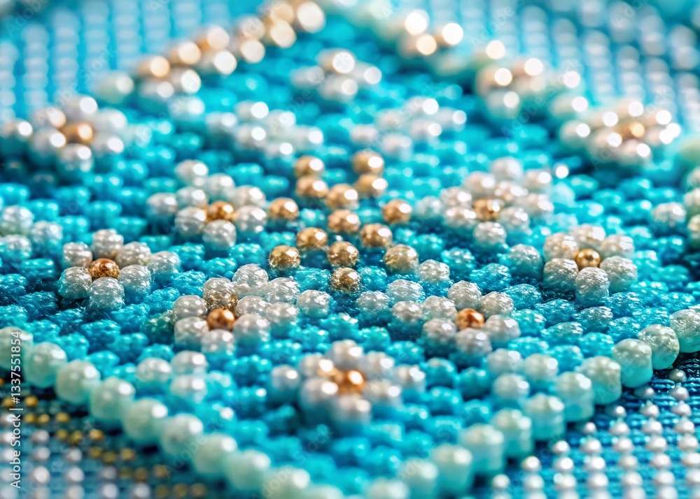 Aerial View of Handmade Light Blue Cross Stitch with White Beads