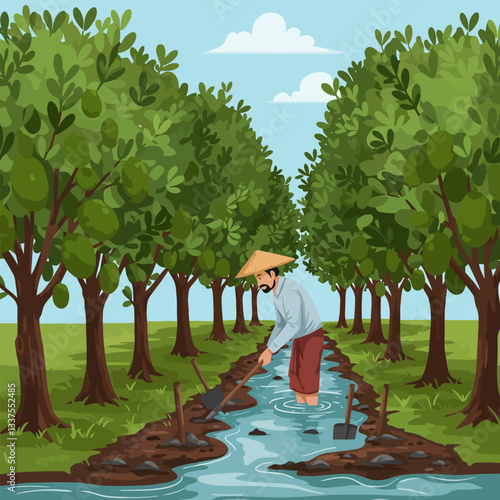 Farmer Working in Stream Between Trees Illustration Vector Graphic