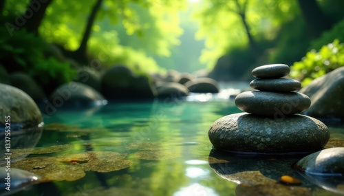 Crystal-clear stream, lush foliage, meditation stones , holistic, lush, health