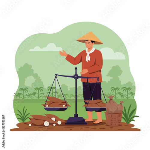 Farmer Weighing Cassava Using Scale in Rural Agricultural Landscape